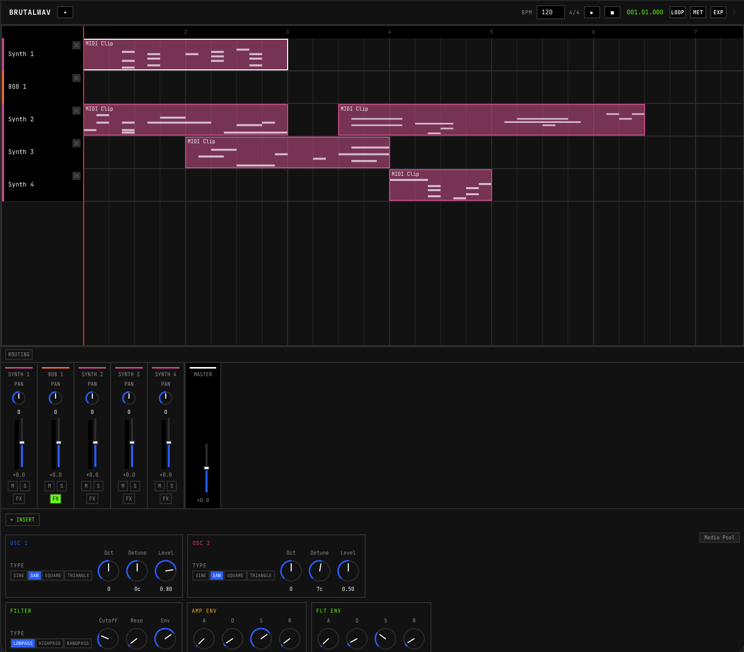 BRUTALWAV arrangement view with mixer panel